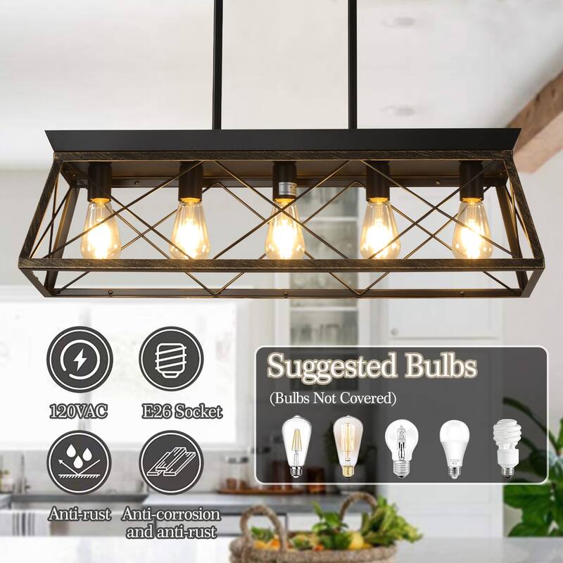 Farmhouse Vintage Crystal Chandelier, Rustic 5-Light Pendant Light, Industrial Hanging Light Fixture for Dining Room Kitchen