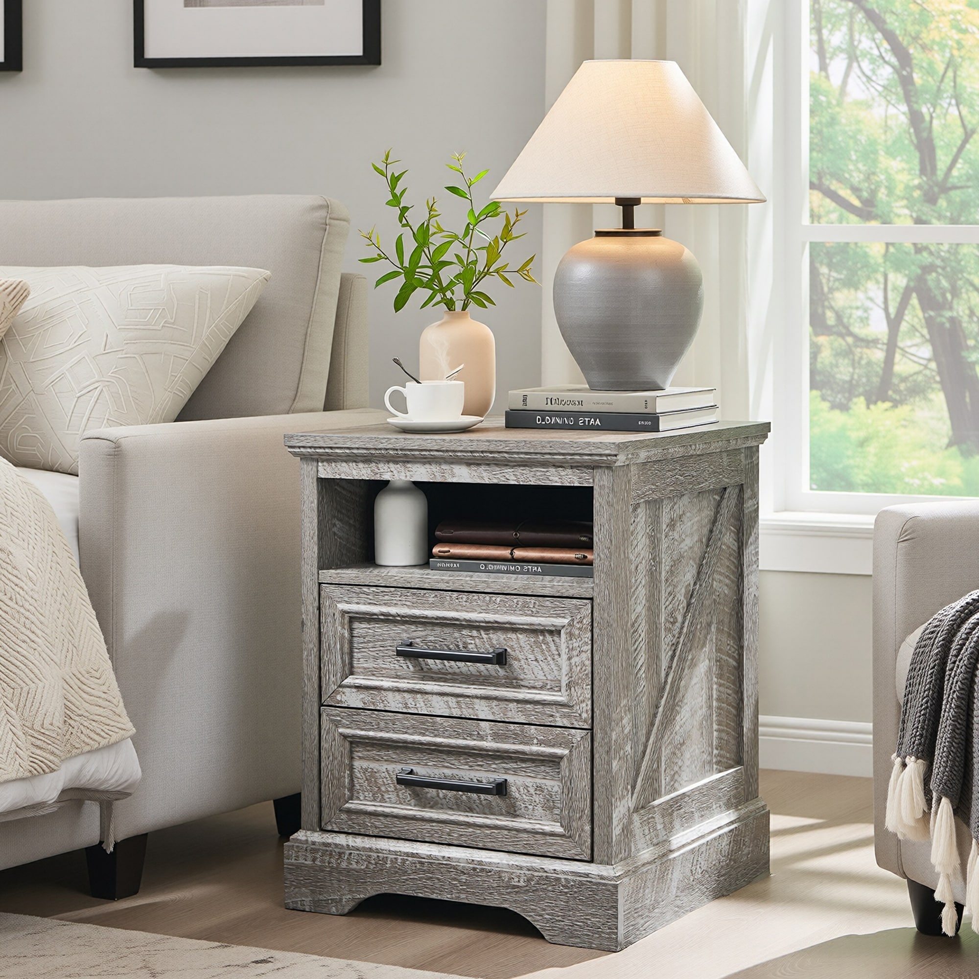 Modern Side Table with Charging Station, Nightstand, End Table