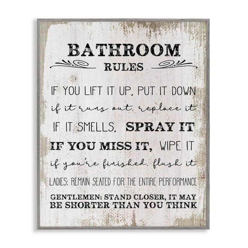 Stupell Bathroom Rules Funny Word Wood Textured Design,11x14, Design By Artist Daphne Polselli - 24 x 30 - Grey