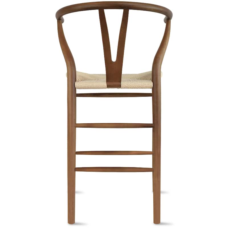 Set of 2 Solid Wood Elbow Barstool with Open Y Back Farmhouse Dining Office Chairs with Woven Beige Seat - N/A