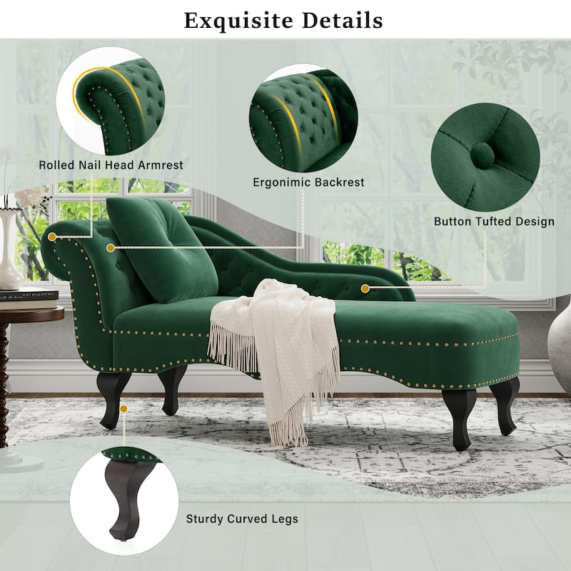 Christopher Knight Home - Bressi Modern Velvet Upholstered Chaise Lounge with Tufted Backrest, Nailhead Trim & Pillow