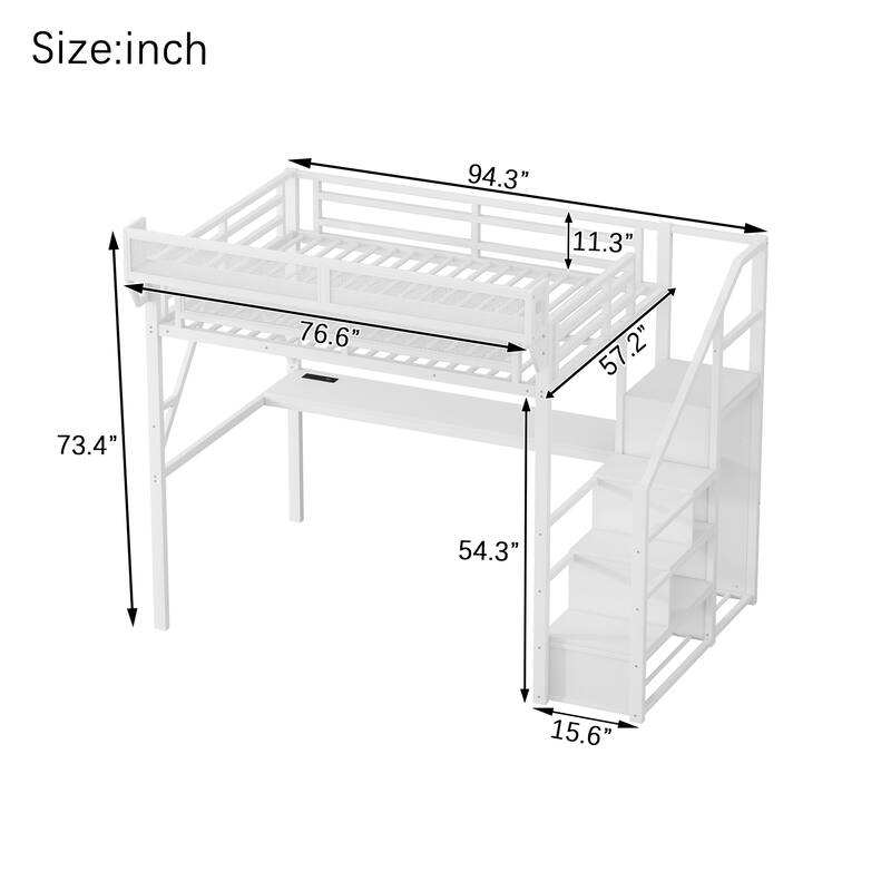 High Loft Bed Metal Bed Frame with Stairs Built-in Shelves and Wardrobe, Side Grid Rack, Light, Charging Station and Desk