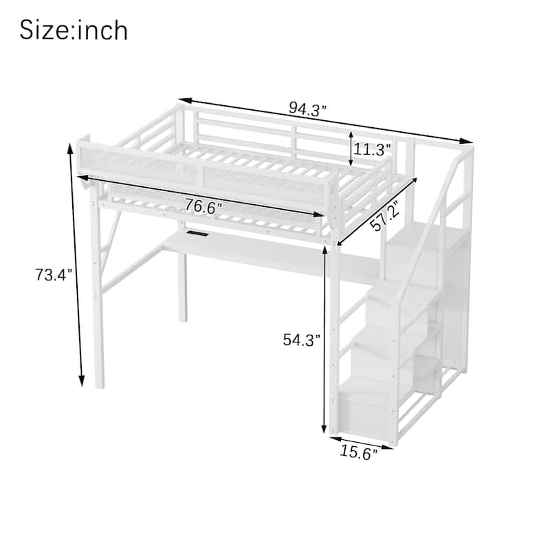 Queen/Full Loft Bed with Desk & Charging Station, Metal Loft Bed with Stairs & Light for Kids Teens