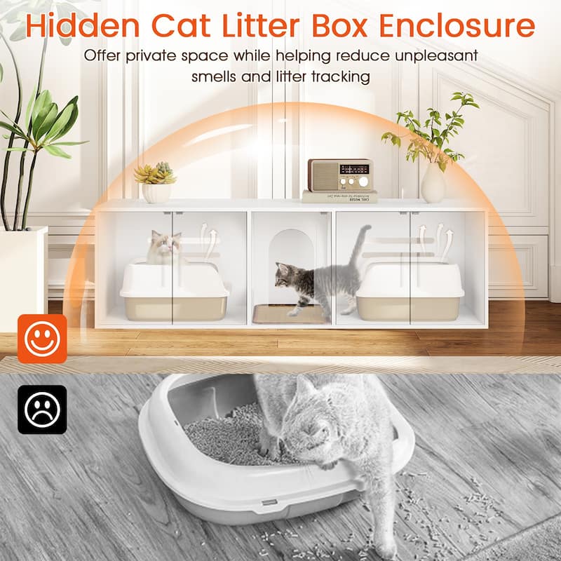 White Engineered Wood Cat Litter Box Cabinet with Double Rooms and Scratcher
