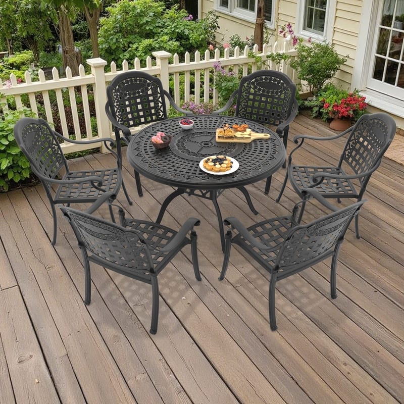 7-Piece Cast Aluminum Outdoor Dining Set with 47.24 in. Round Table and Seat Cushions