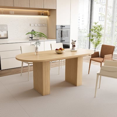 Oval Dining Table for 6 People, 62.9 Inch Farmhouse Kitchen Table with Wood Strip Base, Large Round Pedestal Dining Room Table