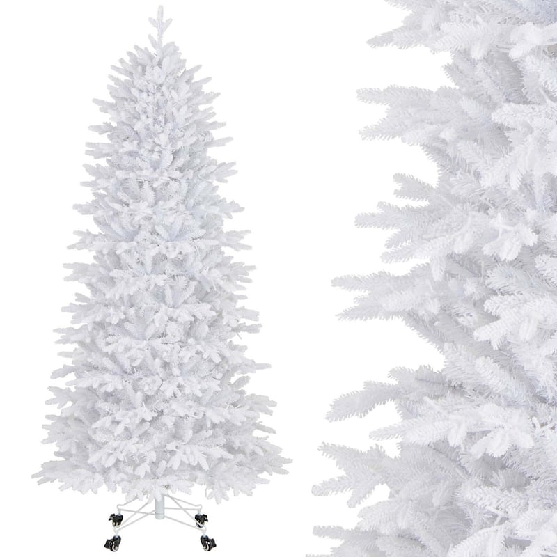 Pre-Lit Christmas Tree Snow Flocked Xmas Tree Hinged Holiday Tree - White - White