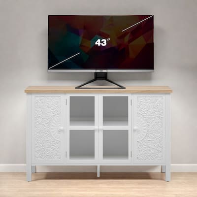 47.2" American Retro TV Stand - Carved Cabinet Doors & Glass Display, Adjustable Shelves, Anti-Tip Design