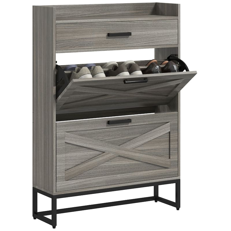 Narrow Shoe Cabinet, Industrial Shoe Storage Cabinet with 2 Flip Drawers
