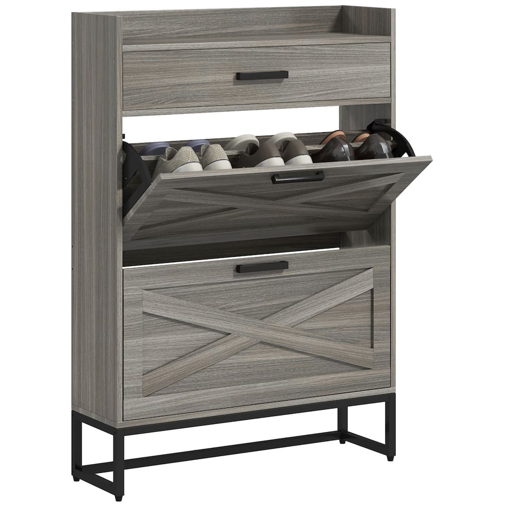 Narrow Shoe Cabinet, Industrial Shoe Storage Cabinet with 2 Flip Drawers