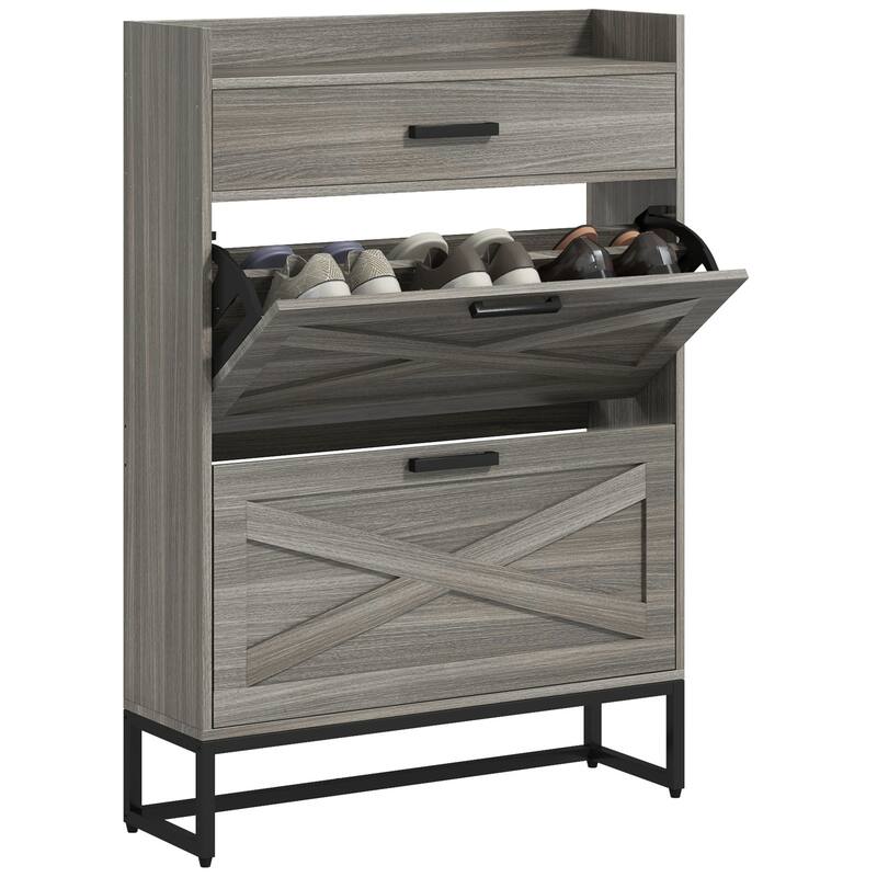 Narrow Shoe Storage Cabinet with 2 Flip Drawers, Adjustable Shelves, and Top Drawer for 12 Pairs, Ideal for Hallway Entryway