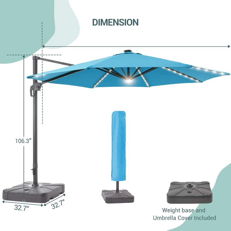 LIVOOSUN 11Ft Aluminum LED Patio Cantilever Offset Umbrella With Base