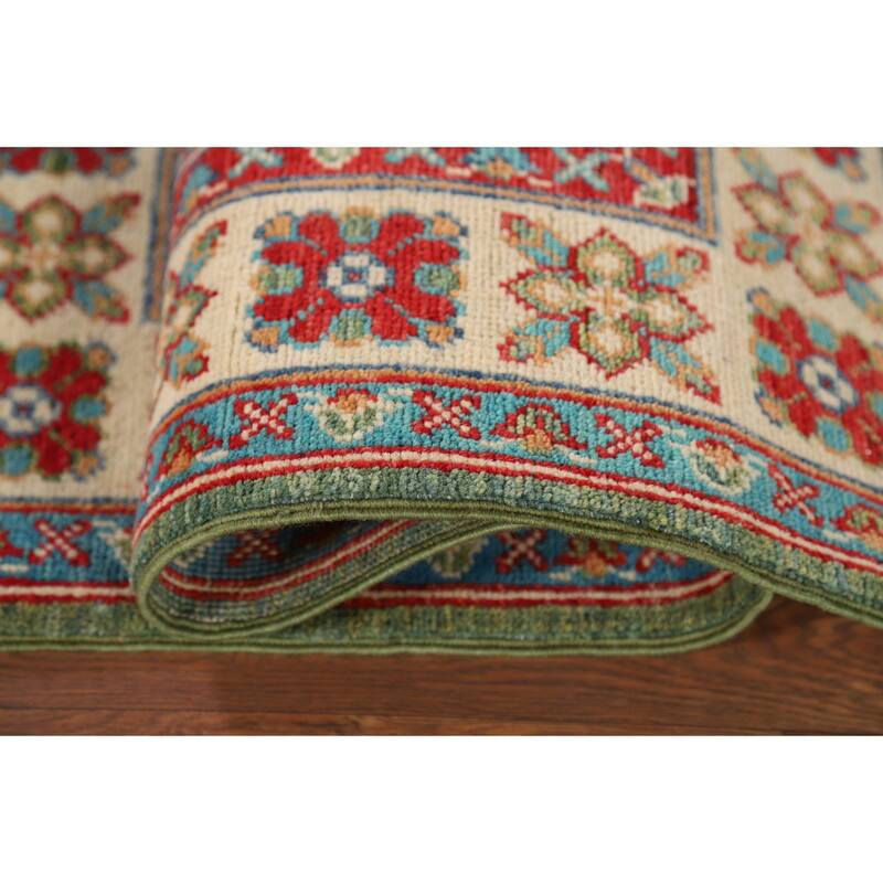 Green Geometric Kazak Oriental Foyer Rug Hand-Knotted Wool Carpet - 2'8" x 4'0"