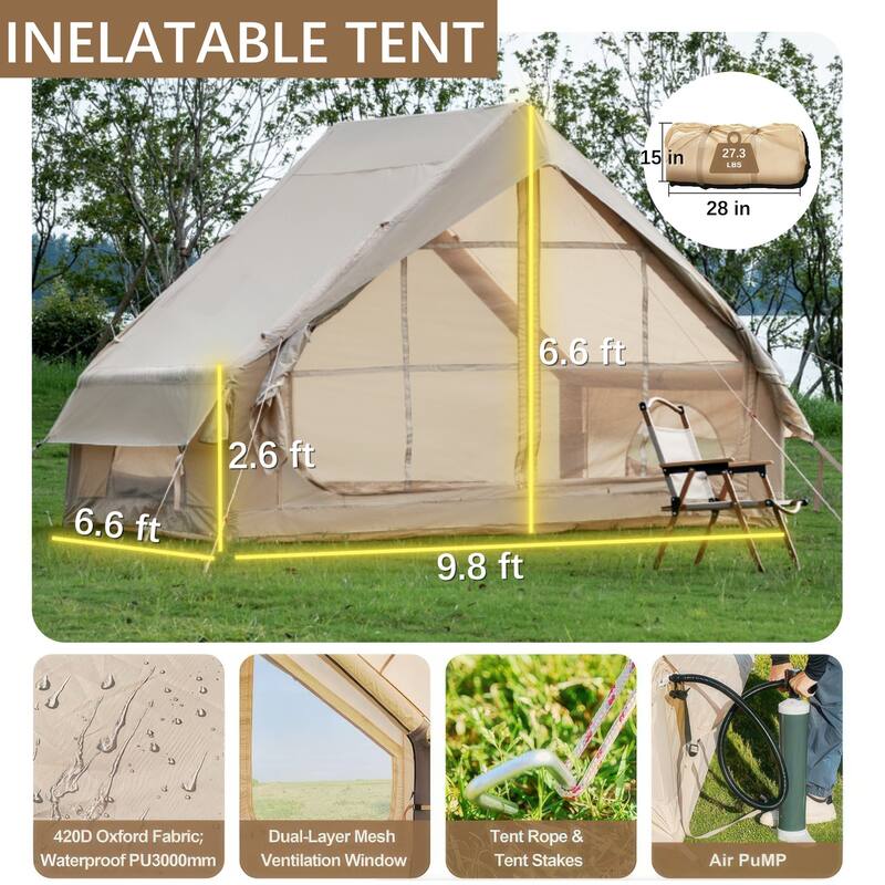 Inflatable Tent With Pump Easy Setup Oxford and Fabric Khaki