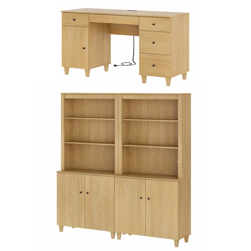 WAMPAT Home Office Furniture Set, 58" Executive Desk with Cabinet, 2-Column 71" Tall Bookcase with Doors and Adjustable Shelves