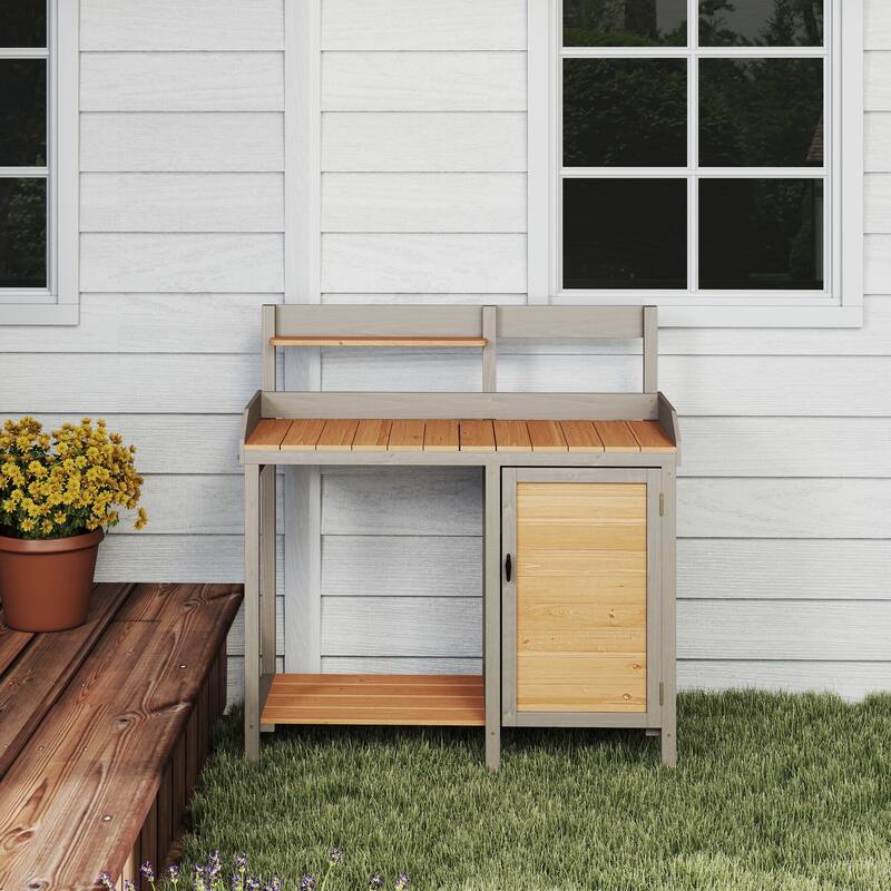 Outdoor Potting Table Bench with Spacious Top and Open Shelf, Wooden Garden Workstation Table for DIY Projects