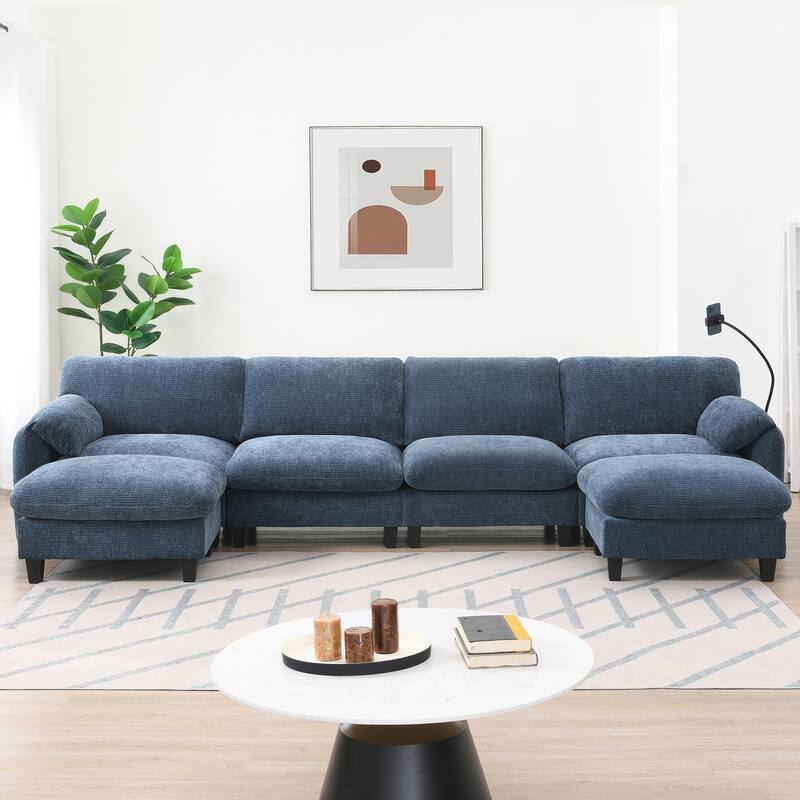 140-Inch Chenille Sectional Sofa with USB and Type-C Charging Ports, Phone Holders, Side Storage Pockets, Movement Ottomans