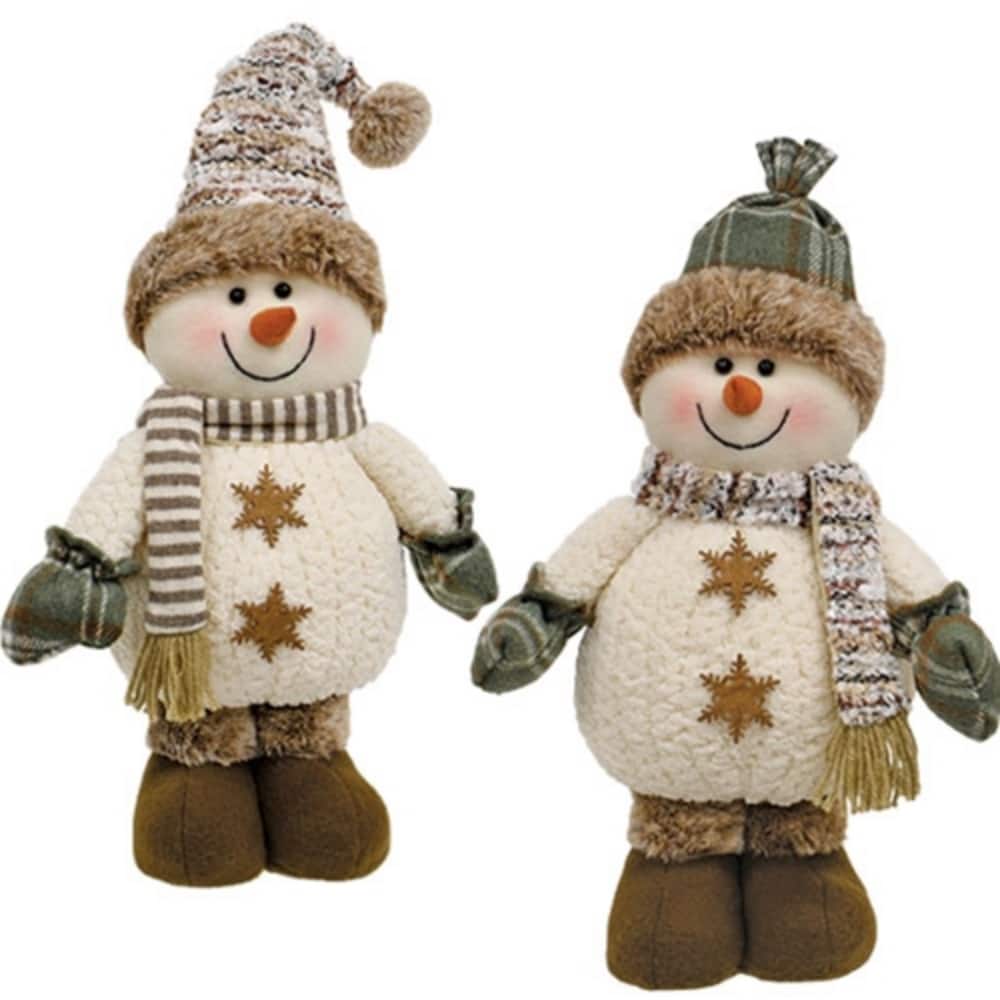 Cozy Brown Standing Snowmen Decor with Plush Hats and Knit Sweaters and Scarves 2 Asstd - 20" H x 10" W x 5" D