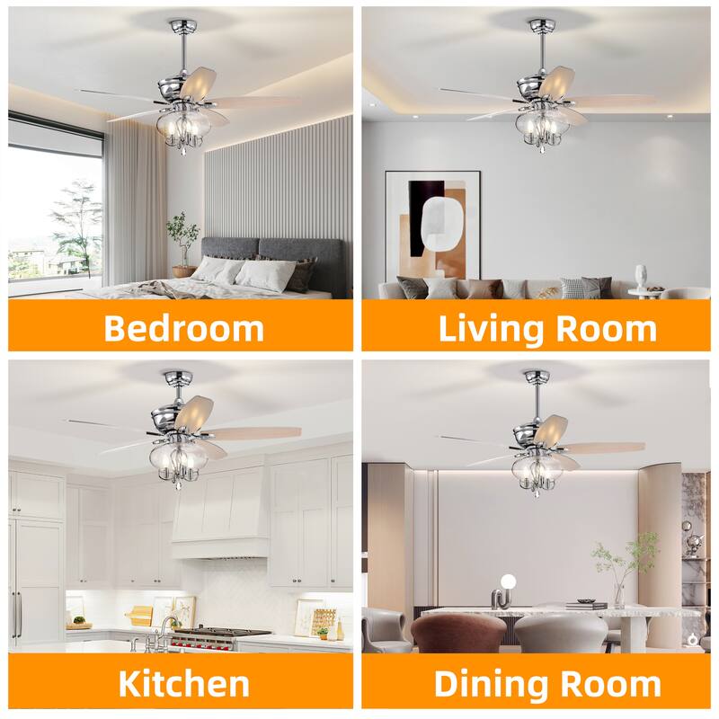 52" Crystal Chandelier Fan with Remote, Classic, Glam, Traditional, Chrome