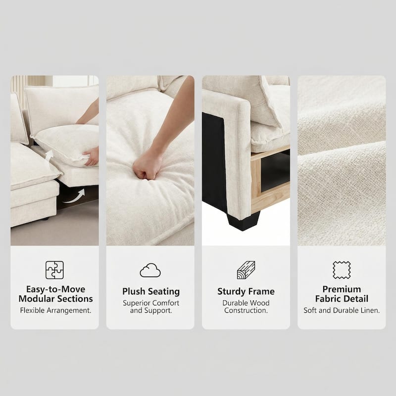 Homy Casa 102" L-Shaped Modular Sectional Sofa Movable Ottoman, Cloud-Style Chenille Couch, DIY Combination for Living Room Tray