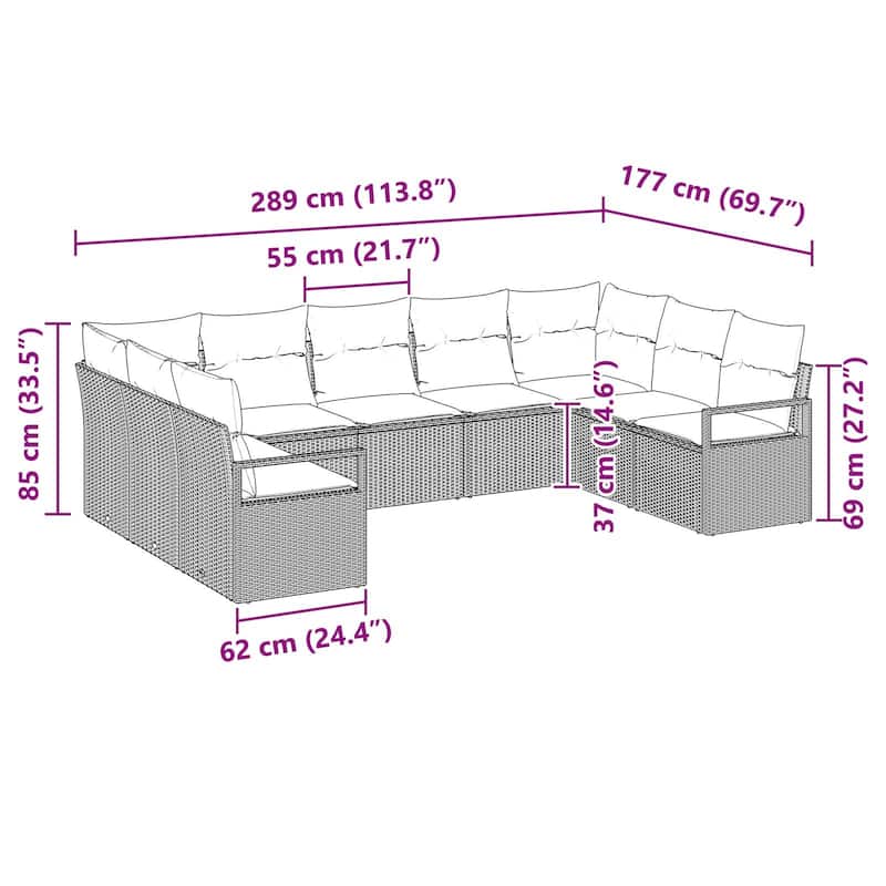 vidaXL 10 Piece Garden Sofa Set with Cushions - 113.8×69.7×27.2