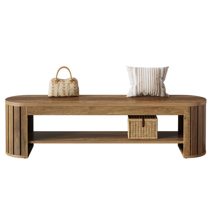 Wooden Entryway Bench, Long 2-Tier Narrow Shoe Bench