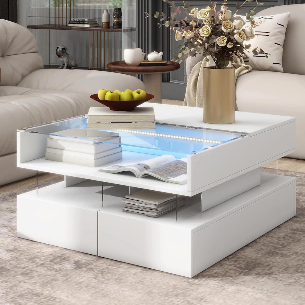 Lift-Top Coffee Table with 2 Drawers, Modern Square Coffee Table with Glass Top and High-Gloss Finish