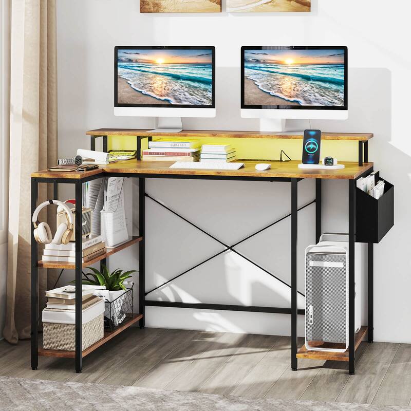 Costway 48" L-Shaped Gaming Desk with LED Lights & Power Outlets