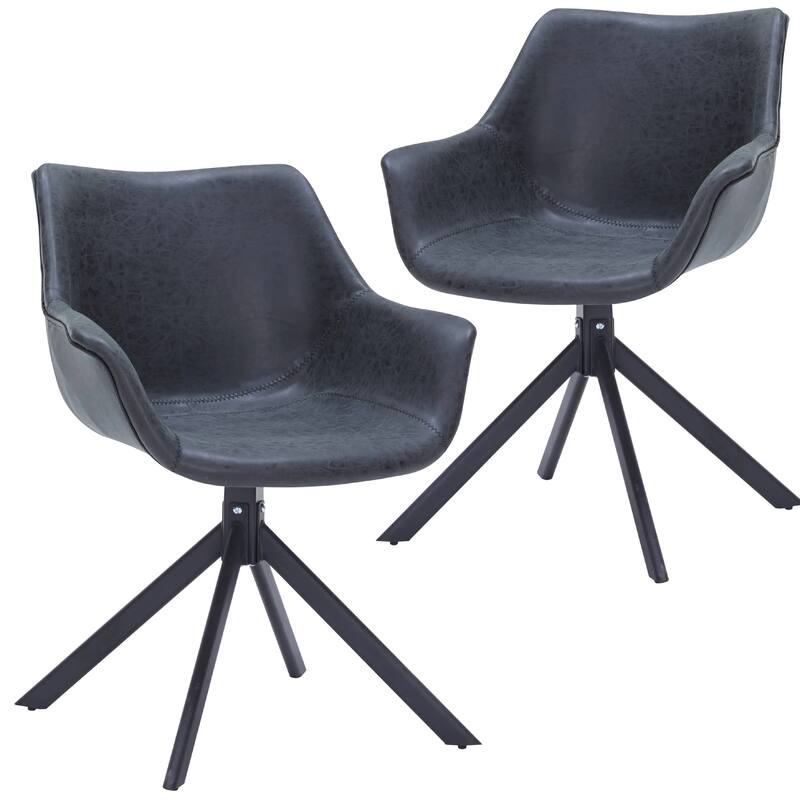 Markley Leather Swivel Dining Armchair with Black Iron Base - Accent Dining Chair for Kitchen and Dining Room Set of 2 - Black