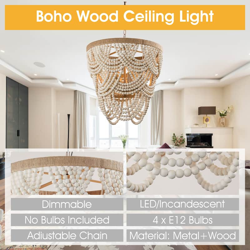 Bohemia 4-Light Off-white Adjustable Distressed Beaded Pendant Chandelier - 19.7-in W x 21.7-in H