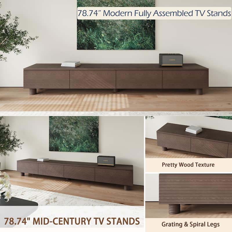 78.74 Mid Century Modern TV Stands, Dark Brown Solid Wood Media Consoler, Fully assembled