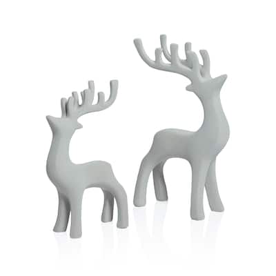 Flocked Gray Deer Figurines, Set of 2 Assorted Sizes, 8.75" & 11.5", Holiday Decorations