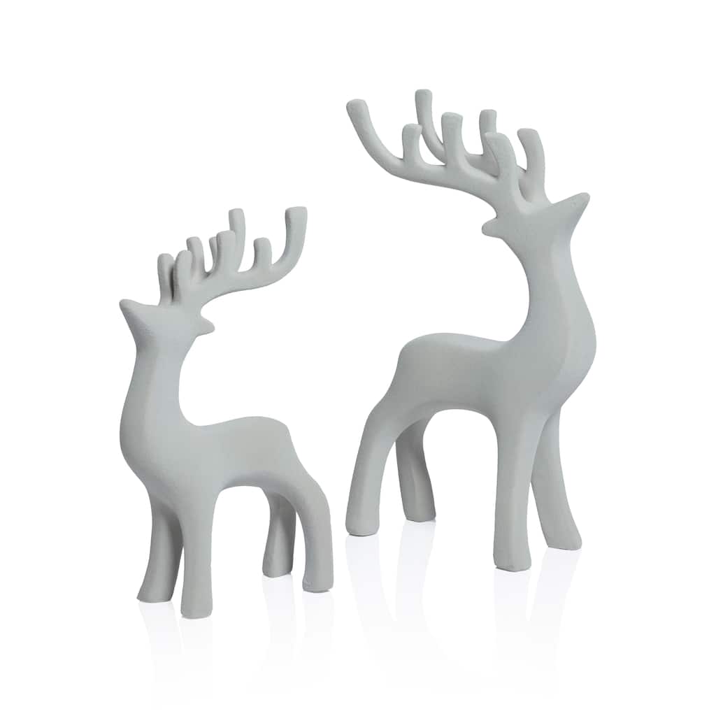 Flocked Gray Deer Figurines, Set of 2 Assorted Sizes, 8.75" & 11.5", Holiday Decorations