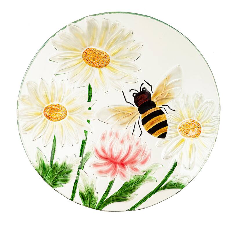 18" Hand Painted Daisies & Bee Glass Bird Bath