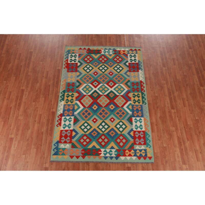 Hand Woven Oriental 100% Wool Carpet Southwestern Geometric Multi-Colored Kilim Area Rug - 8' 4'' X 5' 8''