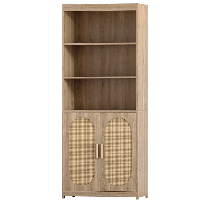 Bookshelf 5 Tier Book Shelf Rattan Tall Bookcase with Doors Storage - 29.1"W x 14"D x 71.7"H