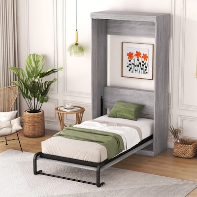 Gray Twin Size Murphy Bed Folded into Cabinet
