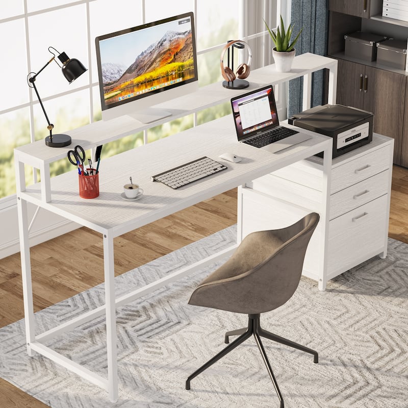 63" Computer Desk with Monitor Stand, Ergonomic Home Office Desks with Drawers File Cabinet