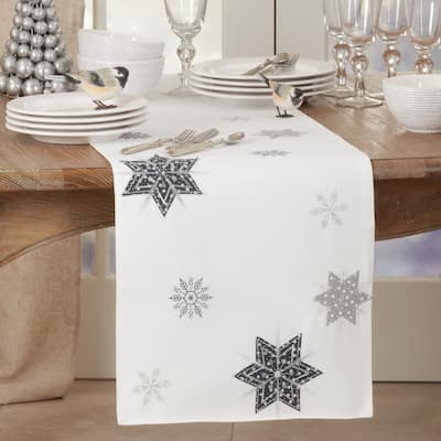 Table Runner With Embroidered Snowflakes Design - 16"x70"
