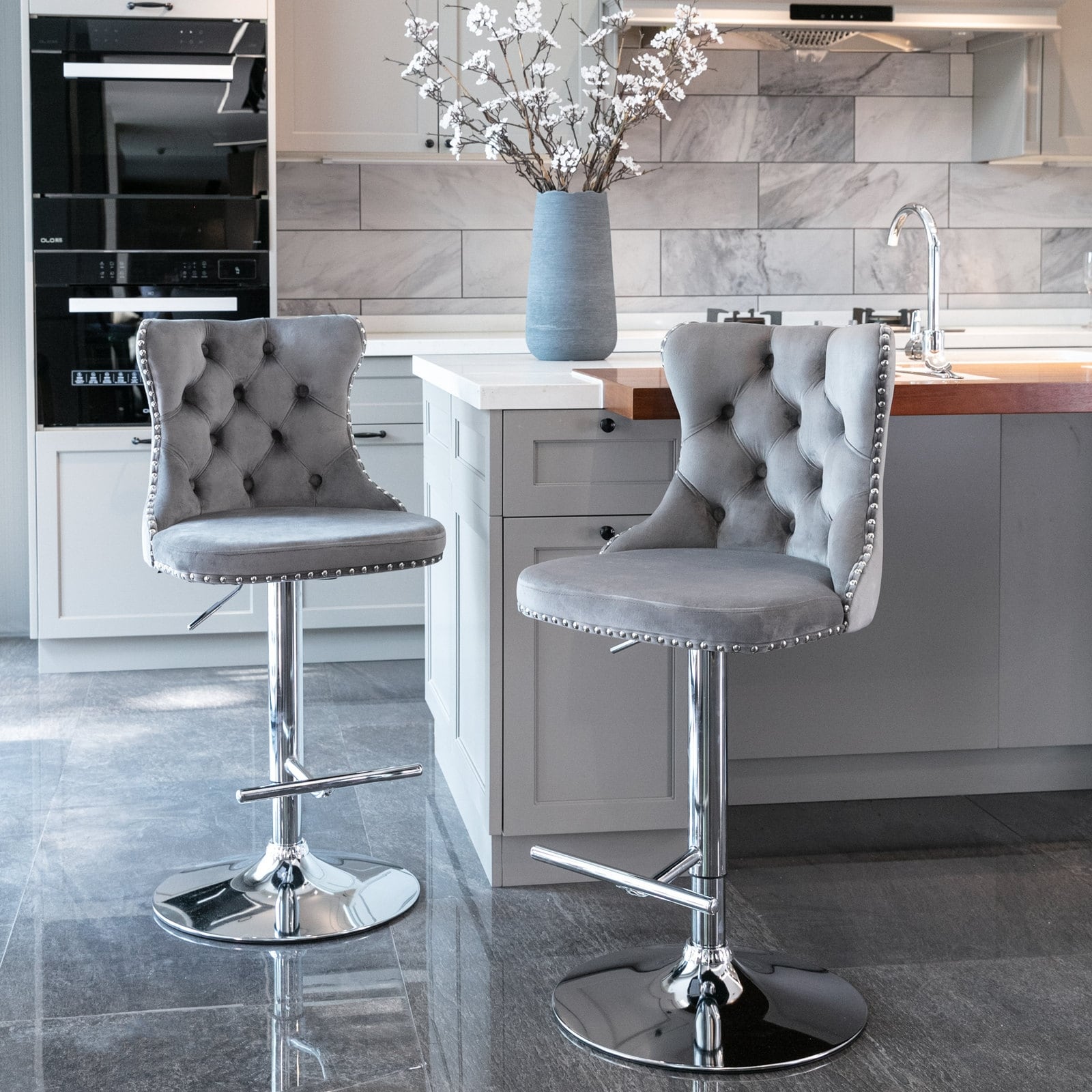 Set of 2 Swivel Velvet Bar Stools, Chrome Base & Tufted Back, Adjustable Height 25-33" for Kitchen Island - Gray