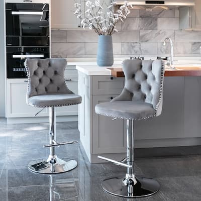 Swivel Bar Stools Set of 2, Adjustable Counter Height Upholstered Barstools with Nailheads Trim, Button Tufted Back and Footrest