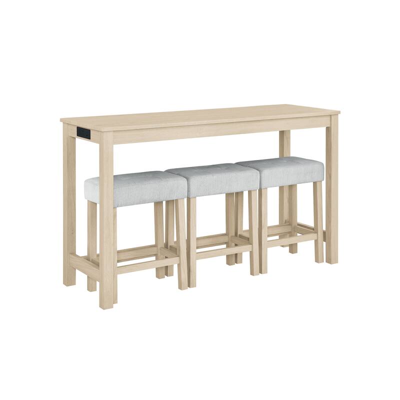 Modern 4-Piece Dining Set with Bar Table & 3 Upholstered Stools, Sofa Table with Built-In Charging Hub for Dining Room