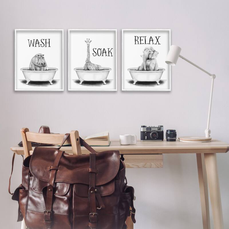 Stupell Wash Soak And Relax Jungle Animal Bath Tub, 3pc Multi Piece Framed Wall Art Set, 3pc Set