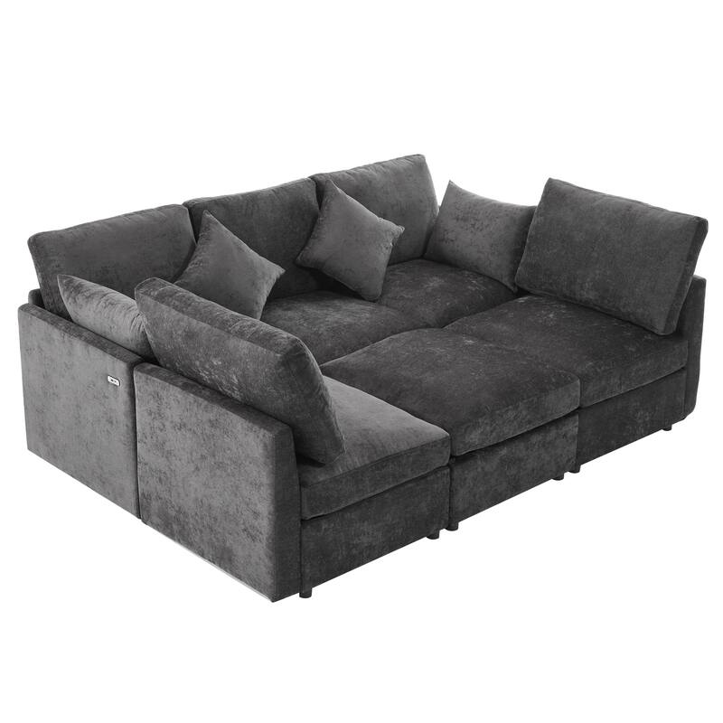 L-Shaped Modular Sectional Sofa Convertible U-Shaped Sofa Bed with Movable Ottoman and 2 USB Ports, 2 Pillows, Chenille 5 Seat