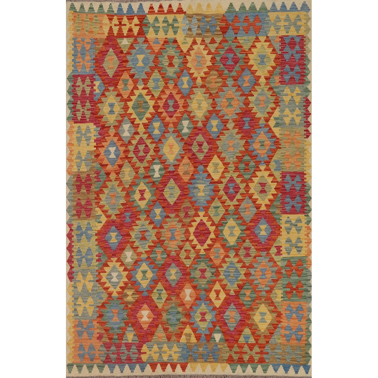 Geometric Kilim Reversible Area Rug Flat-weave Wool Carpet - 5'9" x 7'10"