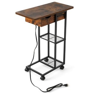 C-Shaped End Side Table with Charging Station and Wheels-Rustic Brown ...