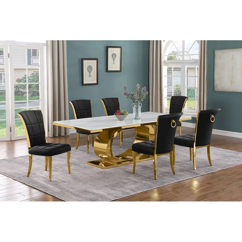 Best Quality Furniture D432/3-SC320-7 Dining Set with 87" White Marble Top - Black / Gold - 7-Piece