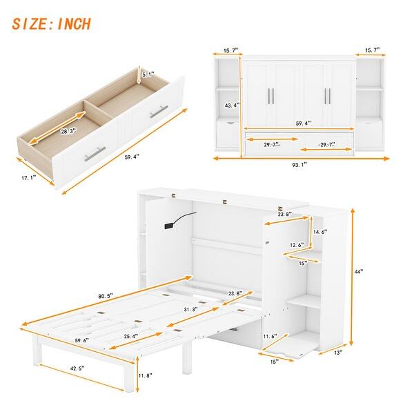 dimension image slide 0 of 2, Queen Size Wood Murphy Bed with Shelves,Wall Bed with Drawers and USB Ports