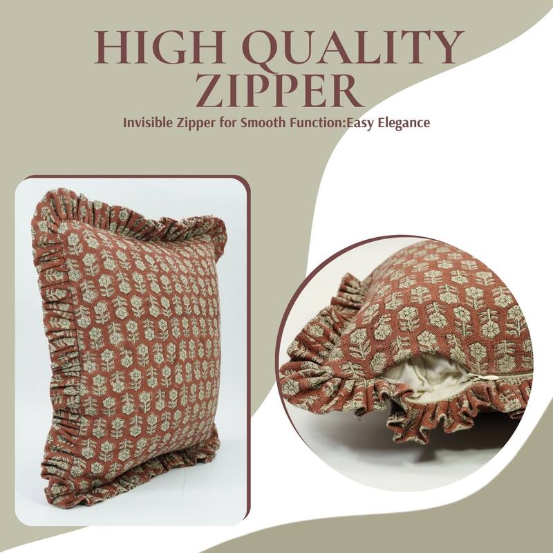 Handmade Rust BLOCK PRINT FRILL PILLOW COVER-TULSIBUTTI