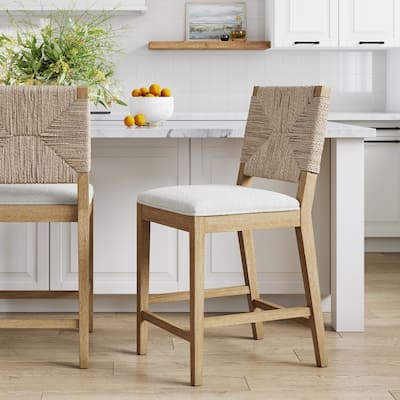 Beacon Bohemian Boucle Bar Stool, Upholstered Counter Height Chair with Solid Wood Frame and Woven Seagrass Back